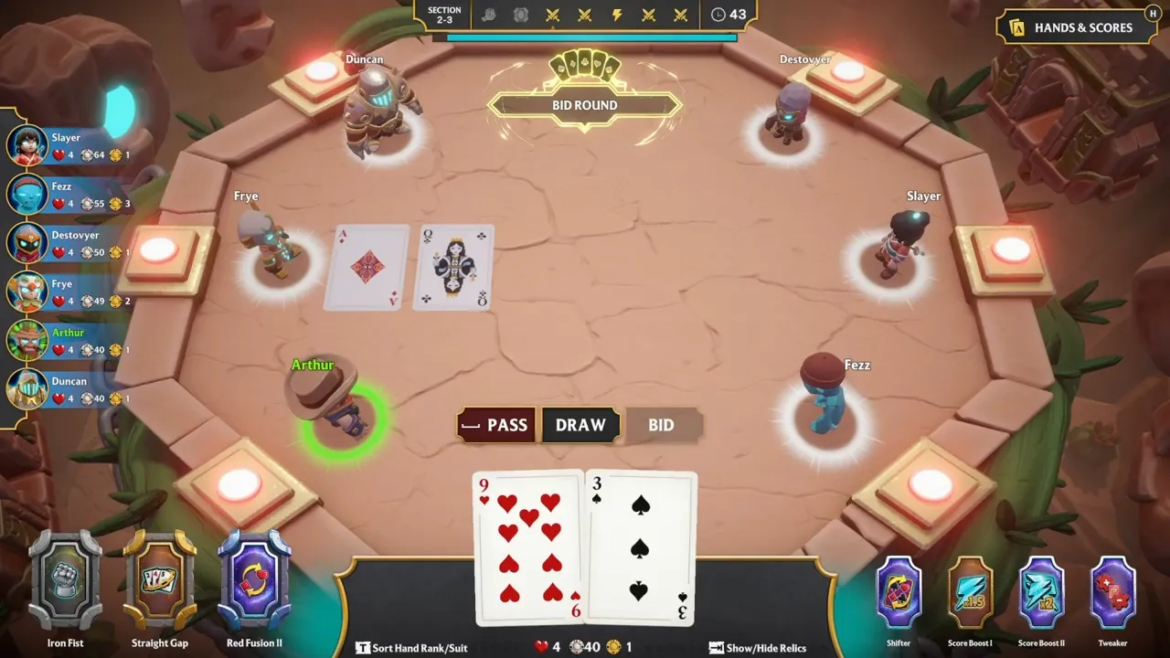 A bid round — pass, draw, or bid on the cards in play